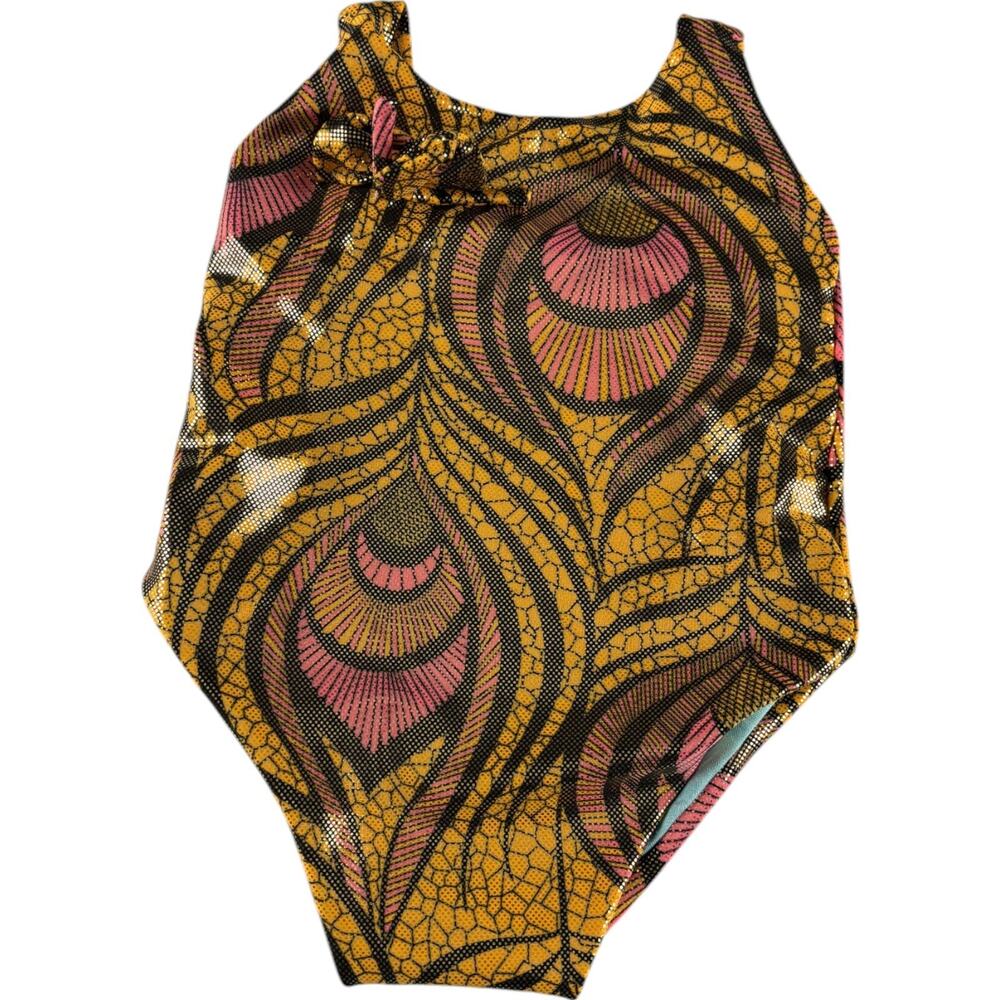 Peacock Gold Red Feather Print Girls Swimsuits Shinny One Piece Bathing Suit